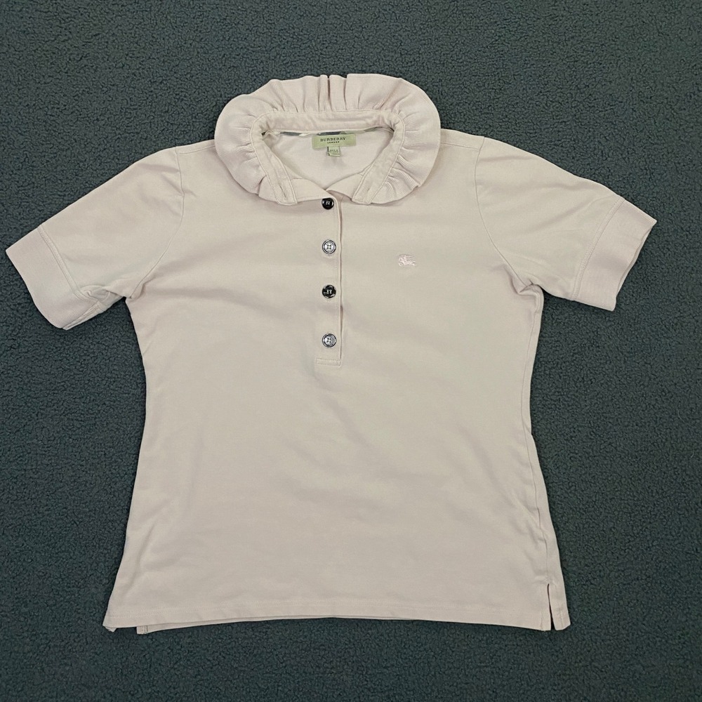 Burberry London Polo Shirt Womens Medium Pink Ruffle Logo Nova Check Authentic